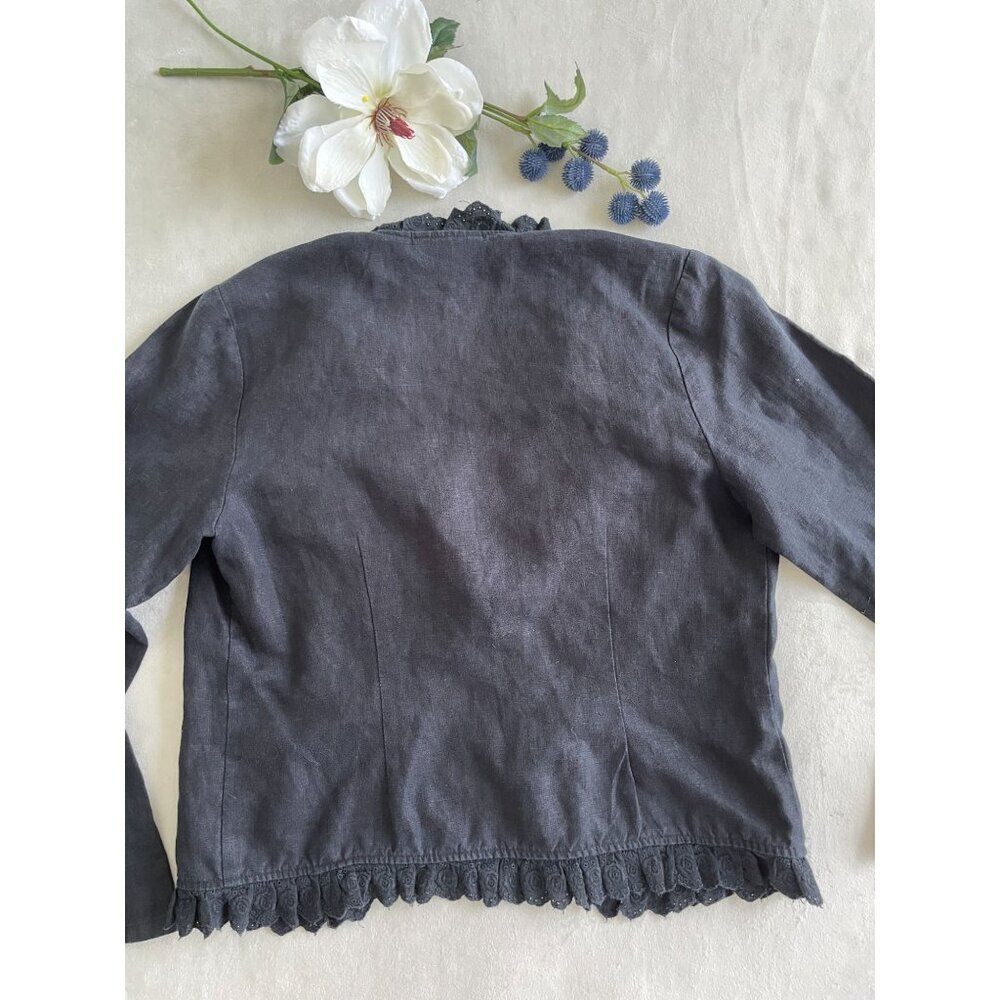 Relativity Womens 100% Linen Ruffle Cardigan PM Black Lace Trim & Tie Whimsigoth - Picture 2 of 9